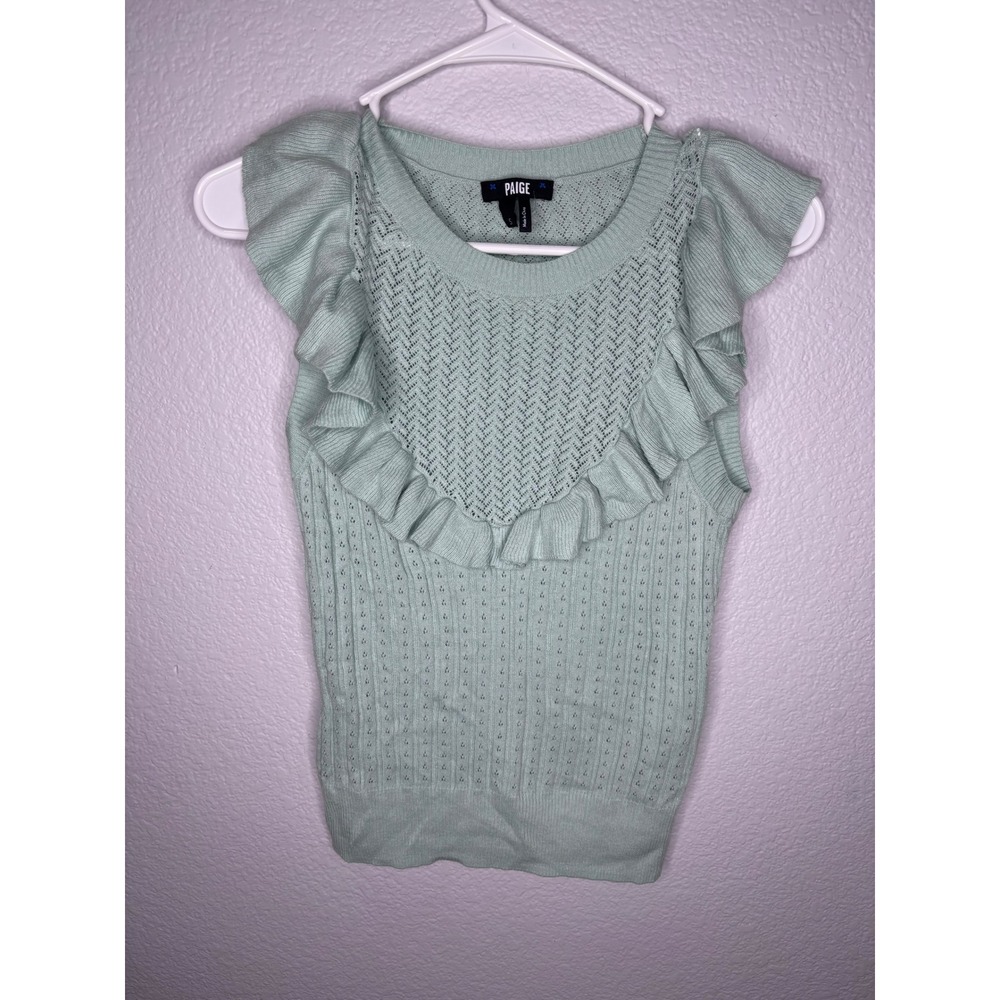 PAIGE Mint Green Ruffle Pointelle Knit Silk Blend Sleeveless Sweater Tank Top